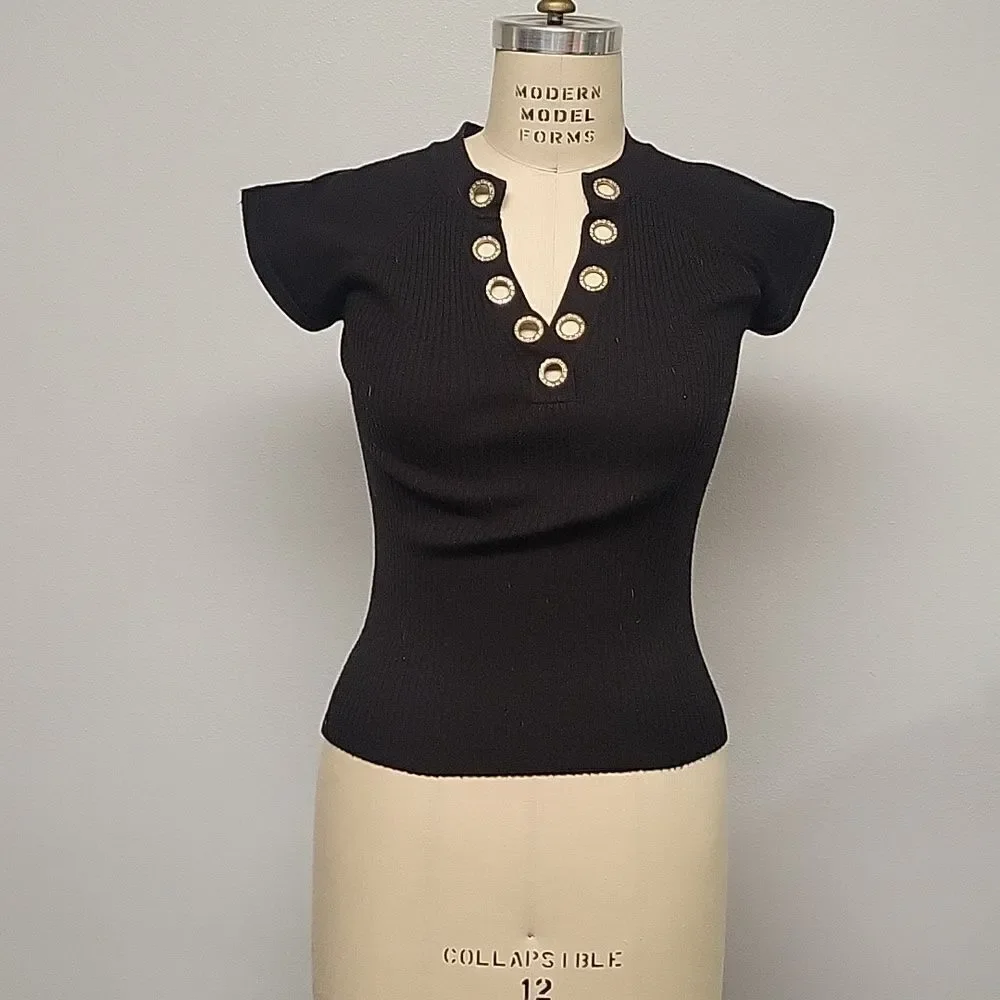 Belldini bk sweater W/gold circle rhinestone Vneck, size M - Picture 1 of 6